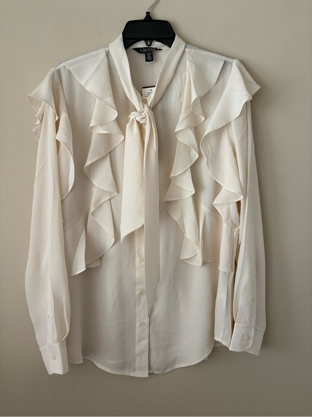 Ralph Lauren Cream Ruffle Tie-Neck Blouse Sz. XL New With Tag